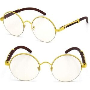 Round Eyeglasses Gold Frame Wood Arm Clear Lens Mens Fashion Hip Hop Street Wear